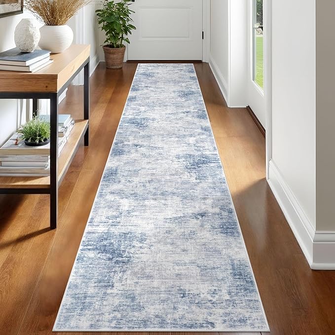 IOHOUZE Abstract Runner Rug 2x12 Ft Washable Runners for Hallways, Non Slip Kitchen Runner Printed Faux Wool Entryway Runner Indoor, Modern Abstract Floor Carpet for Hall Kitchen, Light Blue Grey