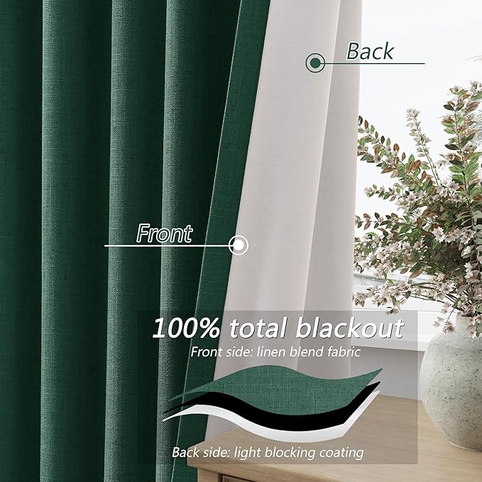 Guken Dark Green 100% Blackout Linen Curtains 84 Inch Length 2 Panels Set for Living Room Back Tab Thermal Insulated Black Out Drapes Room Darkening Farmhouse Style for Bedroom Curtains 52x84