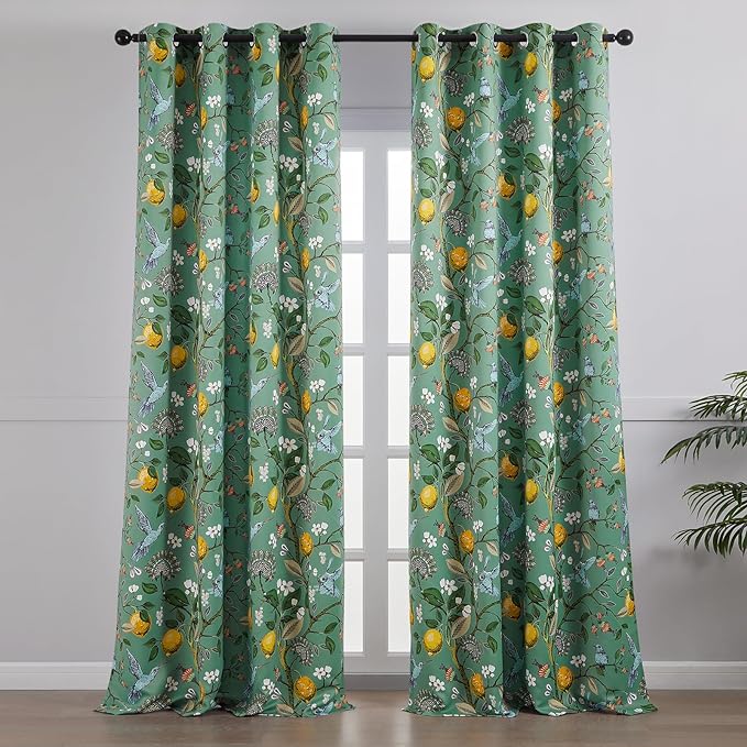 Extra Long 108 Inches Curtains for Large Window Funky Sage Green Tall Light Blocking Fun Floral Hummingbird Leaf Flower Jungle Forest Fancy Grommet Microfiber Lined High Ceiling Curtains 2 Panels 9FT