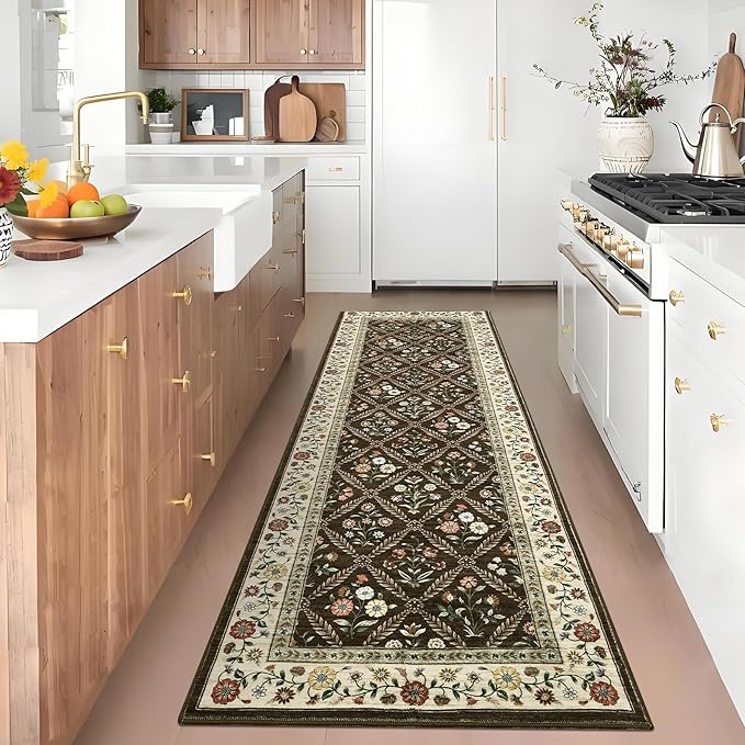 Washable Kitchen Rugs Non Slip 2x6 Hallway Runner Rug Stain Resistant Low Pile Floral Floor Rug with Rubber Backing Non Shedding Runners for Indoor Entryway Bedside Bedroom Farmhouse RV Brown Natural