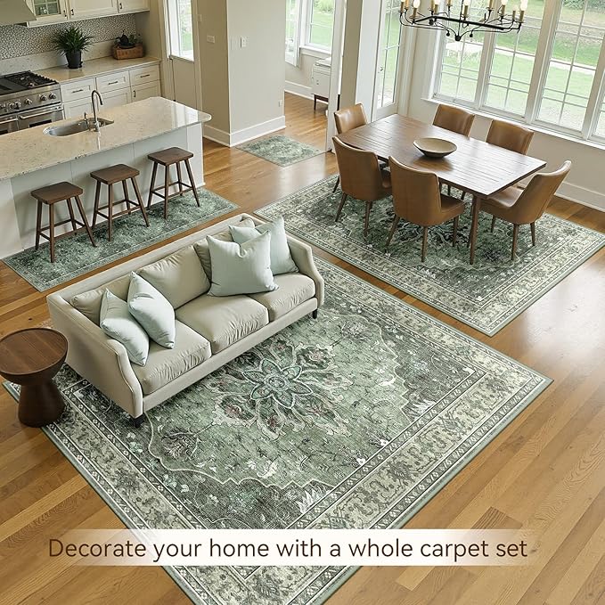 Area Rugs 6'x9' Washable Non-Slip, Floral Vintage Distress Print Pattern Medallion Carpet for Living Room Bedroom Dining Room, Dark Green Gray