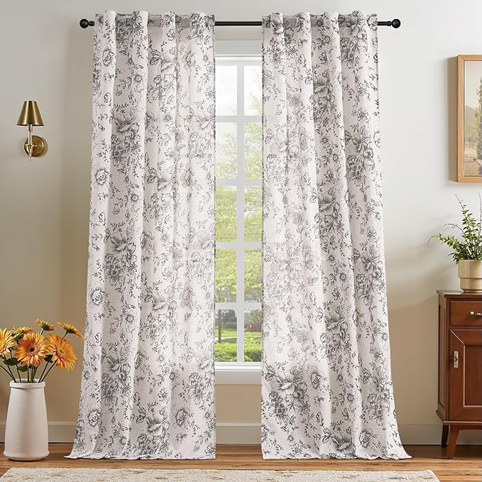 jinchan Linen Floral Curtains 96 Inch Length for Living Room Bedroom Light Filtering Farmhouse Peony Flower Drapes Rustic Window Curtain Set Rod Pocket Back Tab 2 Panels Black