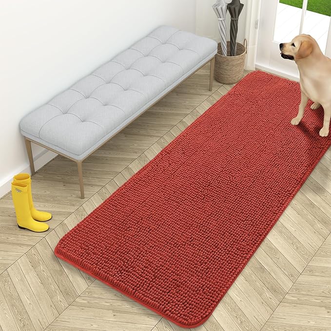 OLANLY Dog Door Mat for Muddy Paws 59x24, Absorbs Moisture and Dirt, Absorbent Non-Slip Washable Doormat, Quick Dry Chenille Mud Mat for Dogs, Entry Indoor Entryway Carpet for Inside Floor, Maple Red