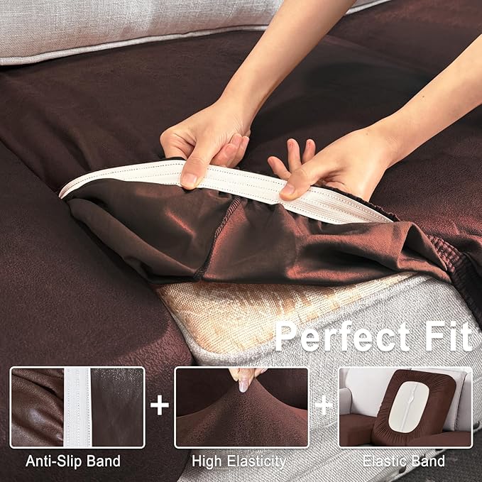 Leather Look Couch Cushion Covers Sofa Seat Slipcovers Sets Couches Furniture Protector for Sectional Armchair Loveseat Pets Kids Stretch Spandex Fabric (3 Cushion Sofa, Chocolate)