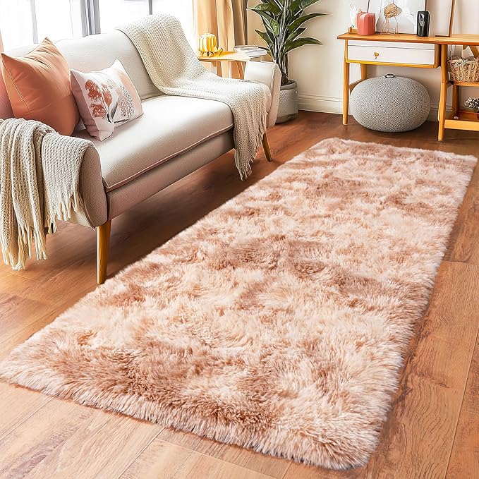 Pionblank Fluffy Runner Rugs for Bedroom 2x6, Modern Shaggy Area Rug for Hallway Living Room, Plush Soft Fuzzy Bedside Carpet for Kids Girls Boys Room Nursery, Tie-Dyed Beige
