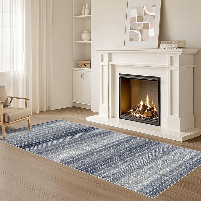 Nakagishi Area Rug Living Room Rugs: 3X8 Machine Washable Boho Large Neutral Farmhouse Stain Resistant Moroccan Indoor Floor Carpet for Bedroom Nursery Dorm Dining Room Home-Denim Blue