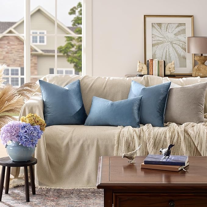 GIGIZAZA Stone Blue 12x20 Velvet Decorative Lumbar Throw Pillow Covers for Sofa Bed 2 Pack Soft Cushion Cover