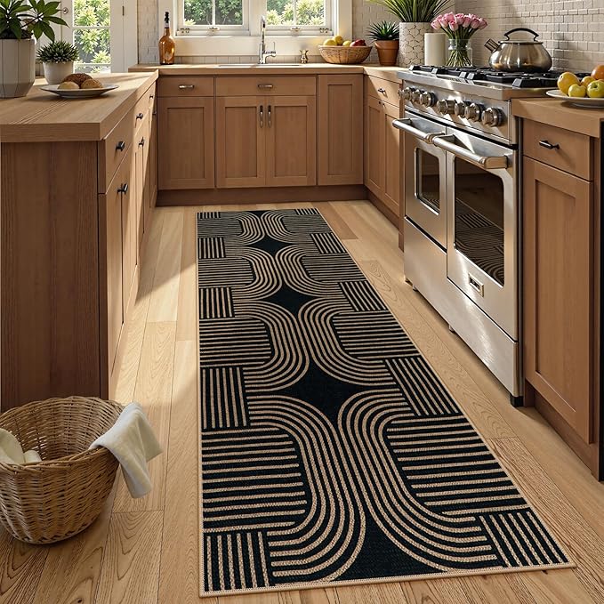 Lahome Enfys Modern Geometric Black Runner Rug, 2x8 Indoor Outdoor Hallway Kitchen Runner Rug with Rubber Backing, Farmhouse Washable Non Slip Non Shedding Floor Carpet for Bedroom Entry Patio