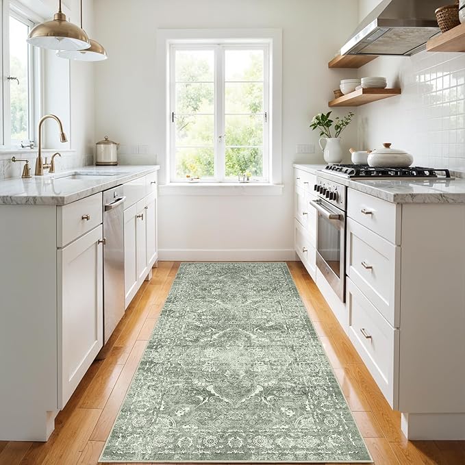 3x6 Washable Hallway Runner Rug - Non Slip Kitchen Runner Rugs with Rubber Backing Vintage Low-Pile Carpet Runners for Entryway Dining Room Laundry Room Home Decor (Muted Sage Green)