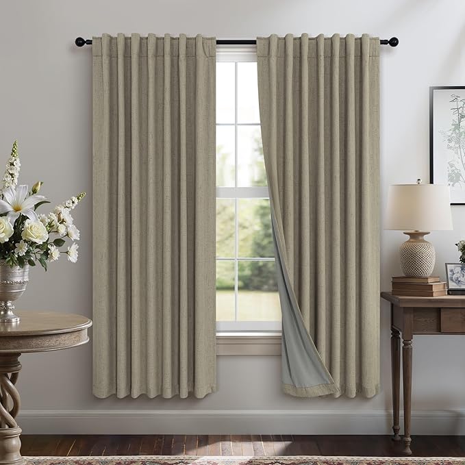 Living Room Darkening Curtains 63 Inches Long Small Bay Window Blackout Soundproof Dining Room Curtains Rustic Farmhouse Linen Dark Taupe Curtain 63 Inch Length 2 Panels Back Tab Pocket Pleated Drapes