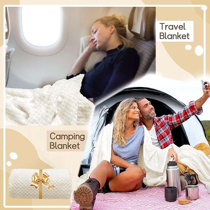4 Pack Fleece Throw Blankets 50x60 Inches - Oeko-Tex Certified 100, 270 GSM Ultra Soft Plush for Bed, Couch and Cozy Gifts. 3D Waffle Texture, No Shedding No Pilling All Season (Cream)