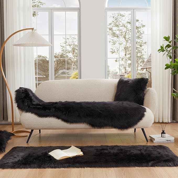 EasyJoy Ultra Soft Fluffy Shaggy Area Rug Faux Fur Rug Chair Cover Seat Pad Fuzzy Area Rug for Bedroom Floor Sofa Living Room (2 x 6 ft Sheepskin, Black)