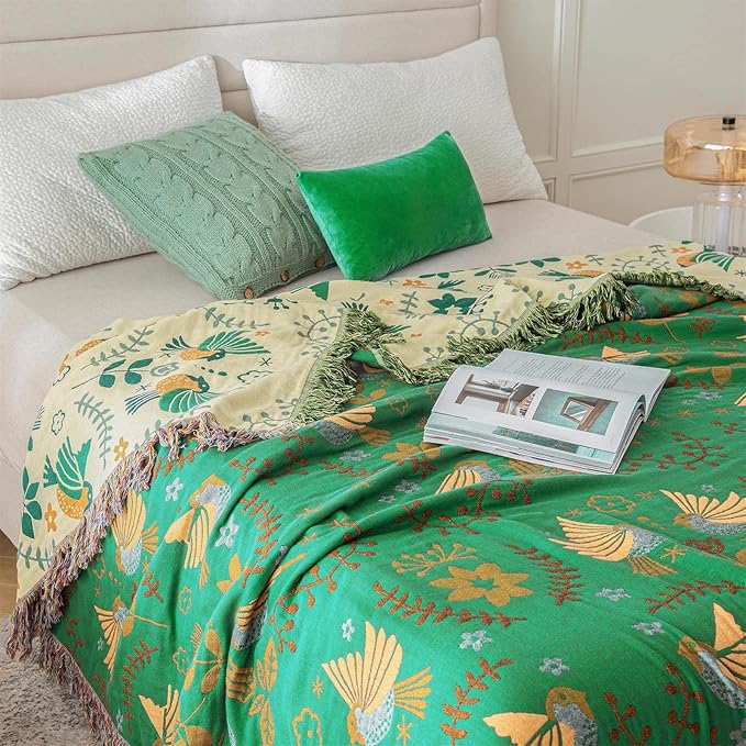 MSGKV Boho Throw Blanket 100% Cotton Green Blanket 90''x 98'' Spring Reversible Blankets with Tassels Warm Soft Blanket for Bed Sofa Living Room