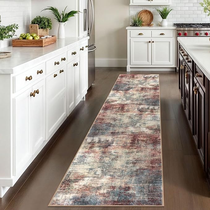 IOHOUZE Abstract Runner Rug 2x10 Ft Washable Runners for Hallways, Non Slip Kitchen Runner Printed Faux Wool Entryway Runner Indoor, Modern Abstract Floor Carpet for Hall Kitchen, Red/Multi