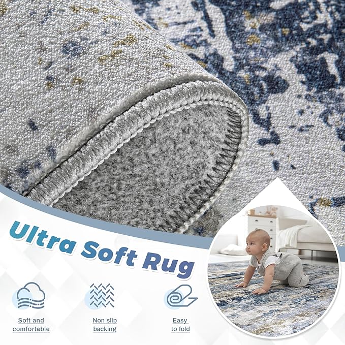 pmtsns Area Rugs 9x12 for Living Room: Washable Rug Modern Abstract Neutral Soft Non-Slip Low-Pile Indoor Large Carpet for Bedroom Dining Room Playroom Home Office (Blue Grey Brown, 9'x12')