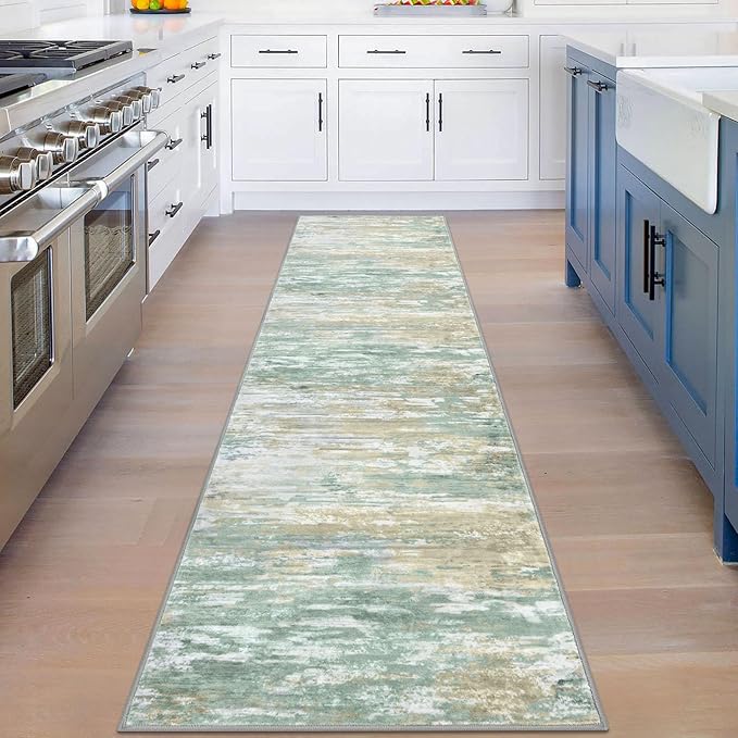 KOZYFLY Modern Abstract Hallway Runner Rug, 2x8 Kitchen Rugs Non-Slip Washable Soft Striped Runner Rugs, Print Light Green Yellow Carpet Runner for Entryway Bathroom Laundry Room Foyer