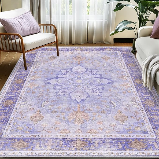 RELEANY Area Rugs 5'x7' Washable Non-Slip, Floral Vintage Distress Print Pattern Medallion Carpet for Living Room Bedroom Dining Room, Light Purple Brown