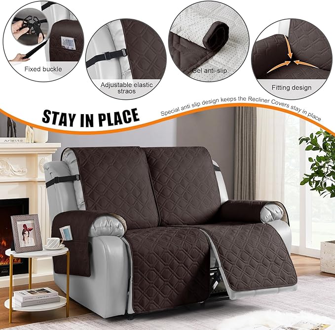 VANSOFY Waterproof Recliner Couch Covers, Sofa Covers 1-Piece Washable Reclining Sofa Cover Non-Slip Furniture Protector with Elastic Straps Pocket for Dogs, Pets(Chocolate,2 Seater)