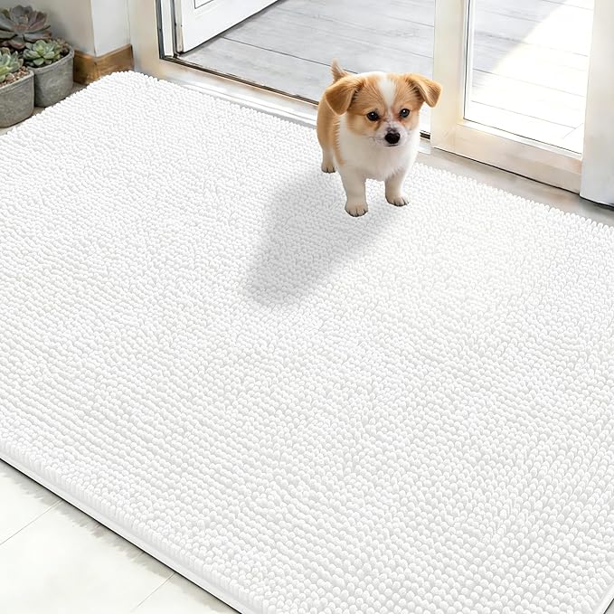 OLANLY Dog Door Mat for Muddy Paws 48x30, Absorbs Moisture and Dirt, Absorbent Non-Slip Washable Doormat, Quick Dry Chenille Mud Mat for Dogs, Entry Indoor Entryway Carpet for Inside Floor, White