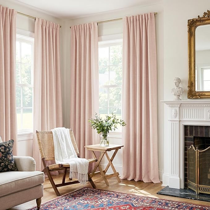100% Blackout Shield Creamy Peach Linen Blackout Curtains for Bedroom 90 Inches Long, Back Tab/Rod Pocket Living Room Drapes, Thermal Insulated Blackout Curtains 2 Panels Set, 50" W x 90" L