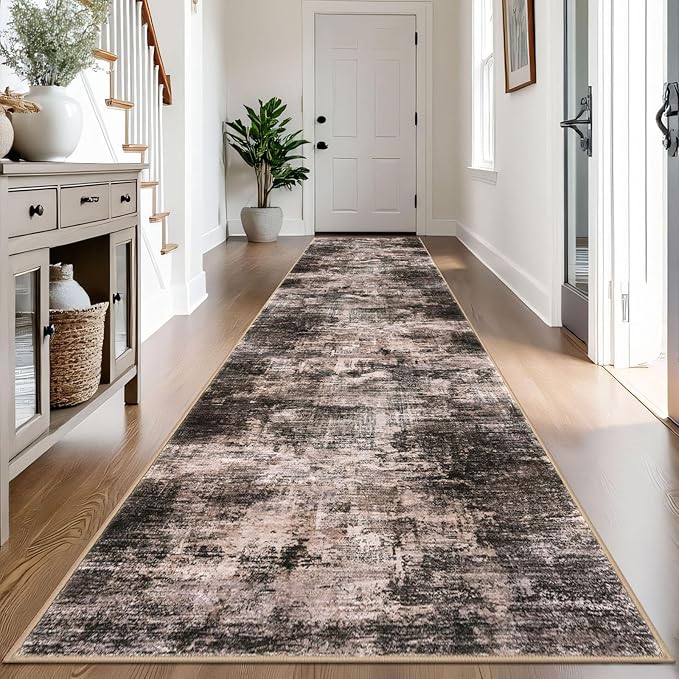 IOHOUZE Abstract Runner Rug 3x14 Ft Washable Runners for Hallways, Non Slip Kitchen Runner Printed Faux Wool Entryway Runner Indoor, Modern Abstract Floor Carpet for Hall Stair, Brown/Rust
