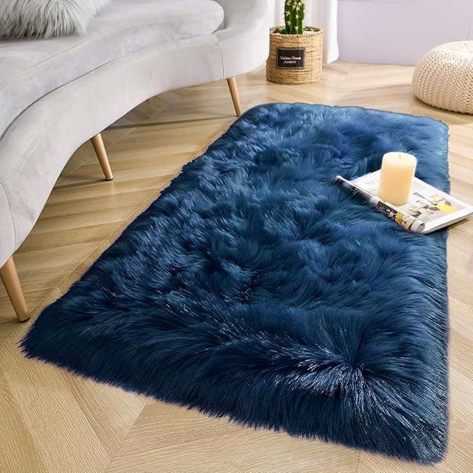 LOCHAS Soft Fluffy Faux Fur Rugs for Bedroom Bedside Rug 2x4 Feet, Washable, Furry Sheepskin Area Rug for Living Room Girls Room, Luxury Shag Carpet Home Decor, Light Navy
