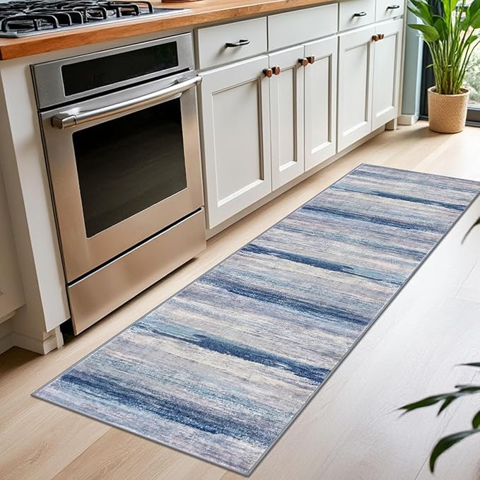 KOZYFLY Modern Abstract Washable Rug Runner 2x7 Hallway Runner Rug Non-Slip Soft Kitchen Runner Rugs, Print Blue/Grey/Beige Striped Carpet Runner for Entryway Bathroom Laundry Room Foyer