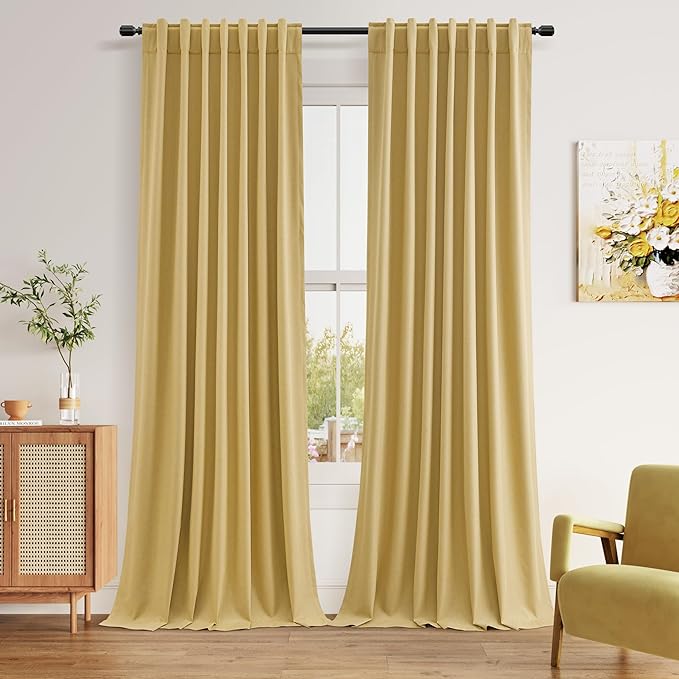 Guken 100% Blackout Curtains 100 Inch Length 2 Panels Set for Living Room Bedroom Back Tab Thermal Insulated Black Out Linen Drapes Room Darkening Window Curtains 100 Inches Long,Gold Yellow