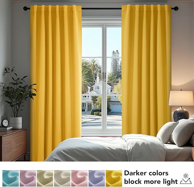 Deconovo Blackout Curtains, Thermal Insulated, W52 x L63 2 Panels, Back Tab, Machine Washable, Room-Darkening Drapes for Bedroom/Living Room Mellow Yellow