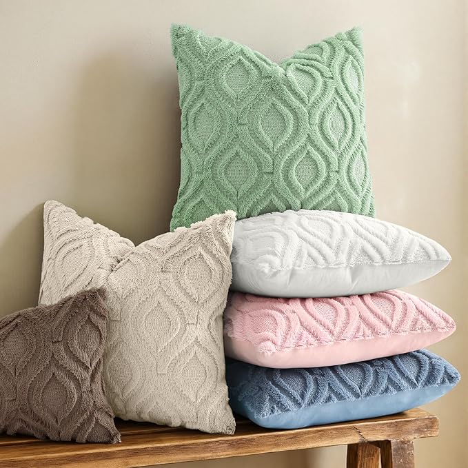 decorUhome Throw Pillow Covers 24x24 Inch Set of 2, Soft Plush Faux WoolSage Green Solid Couch Pillow Covers, Accent Euro Sham Farmhouse Neutral Square Pillow Cases for Sofa Bed Living Room