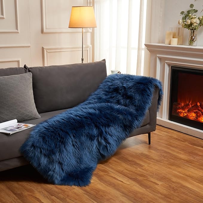 EasyJoy Ultra Soft Fluffy Rugs Faux Fur Rug Chair Cover Seat Pad Fuzzy Area Rug (Dark Blue, 2x6 ft Rectangle)