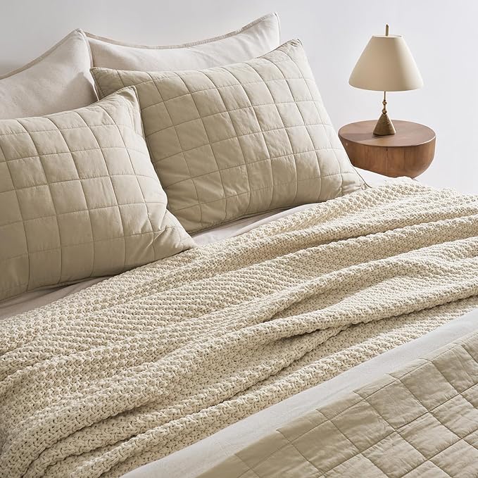 EVERGRACEHOME Chunky Chenille Knit Throw Blanket for Couch, Soft Luxurious Oversized Queen Moss Stitch Blanket for Bed, Cozy Farmhouse Knitted Throw for Sofa, Beige, 90" x 90"