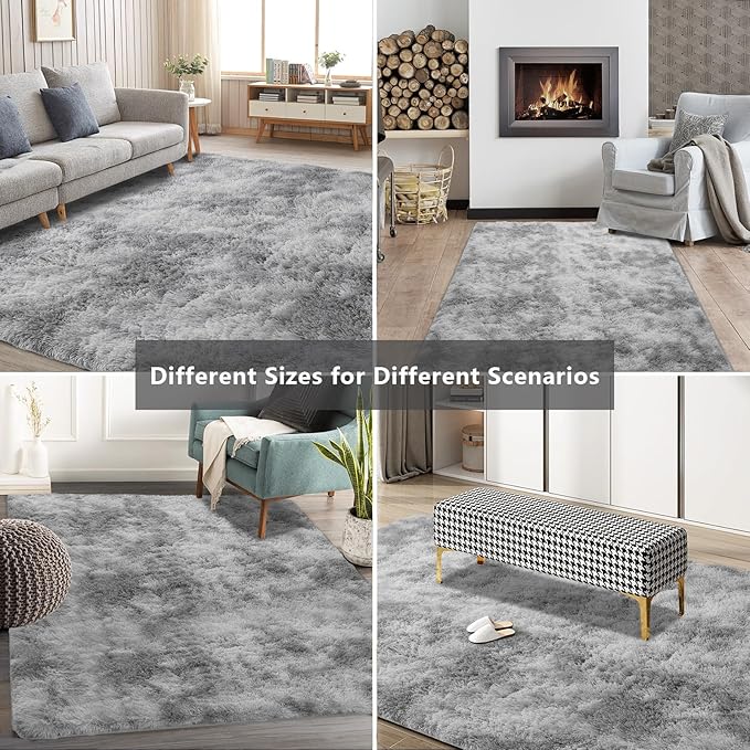 Shag Area Rugs for Bedroom Living Room,5X8 Ultra Soft Fluffy Area Rugs for Dorm, Indoor Carpet Nursery Rugs for Kids Room Home Decor,Tie-Dye Grey