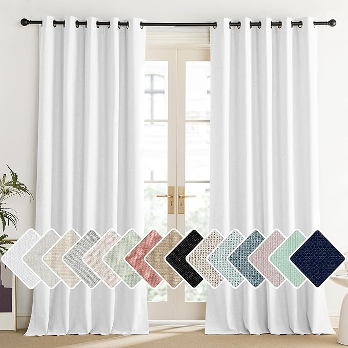 NICETOWN 100% Absolutely Blackout Linen Curtains with Thermal Insulated Liner, Greyish White, 62" Wide, 108" Length Energy Saving Curtains for Living Room 2 Panels Set, Vertical Blinds