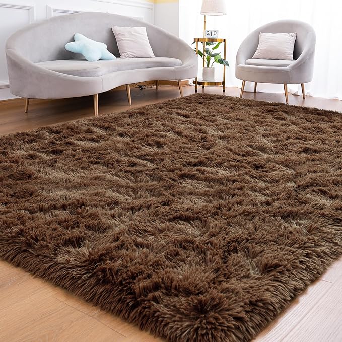 Goideal Fluffy Rug for Bedroom Living Room, 4x6 Brown Area Rugs, Faux Fur Shag Modern Carpet Ultra Soft Girls Boys Room Home Decor, Solid