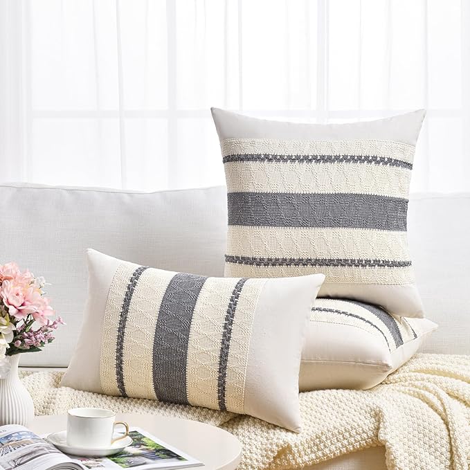 Fancy Homi Set of 1 Neutral Grey Farmhouse Long Lumbar Decorative Throw Pillow Covers 14x24 Inch for Couch Bed Chair, Vintage Country Rustic Retro Room Decor, Soft Thick Cotton Rectangle Cushion Case