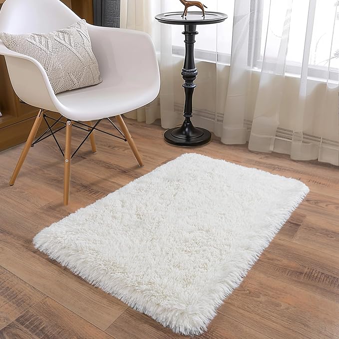 Ultra Soft Runner Rugs for Bedroom Hallways with Upgraded Non-Slip Rubber Backing & Thick Memory Sponge, 2x3 Feet Fluffy Shag Throw Area Rug for Bedside Dorm Cream