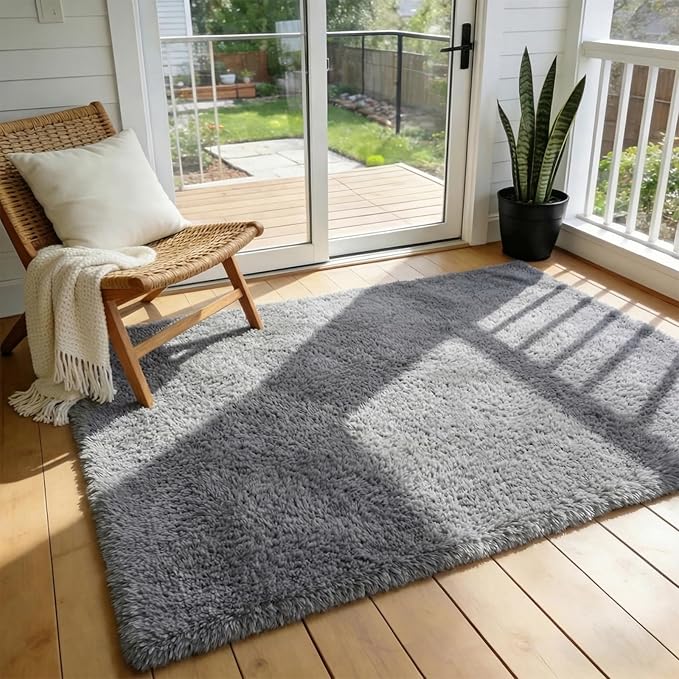 Ophanie 3x5 Rug, Dorm Bedside Preppy Area Rug, College Essentials Non Slip Grey Small Carpets for Bedroom, Anti Slip Fluffy Gray Living Room Rugs Home Decor Aesthetic, Nursery