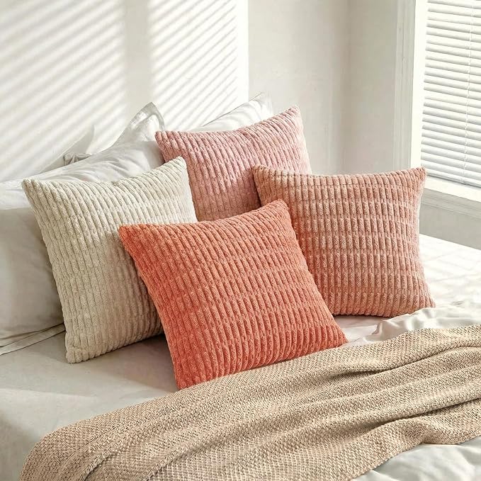 Fancy Homi 4 Packs Boho Blush Pink Big Decorative Throw Pillow Covers 24x24 Inch for Living Room Couch, Soft Plush Striped Corduroy Square Light Pink Coral Peach Cream Colorful Cushion Case 60x60 cm