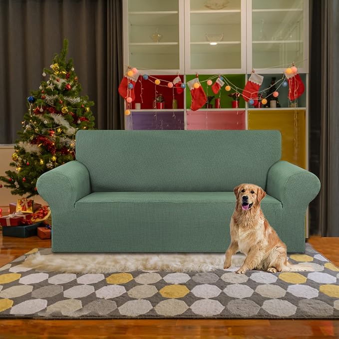 KEKUOU Stretch Loveseat Sofa Cover Slipcover,Couch Covers for 2 Cushion Couch Sofa (55"-78") Furniture Protector Sofa with Elastic Bottom for Kid,Dog. Jacquard Small Checked (Medium,Greyish Green)