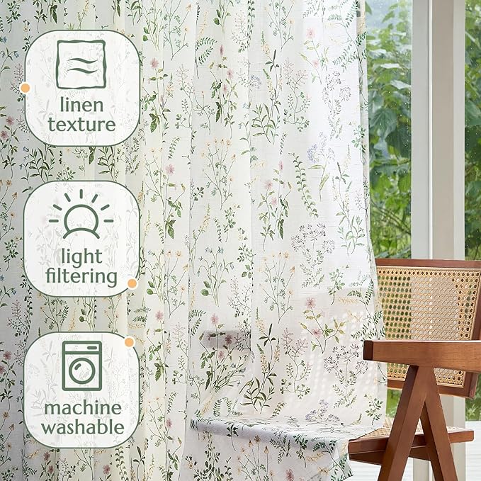 jinchan Floral Linen Blend Curtains for Living Room 84 Inch Length French Country Farmhouse Printed Curtains Sage Green on White Rod Pocket Back Tab Light Filtering Window Drapes 2 Panels