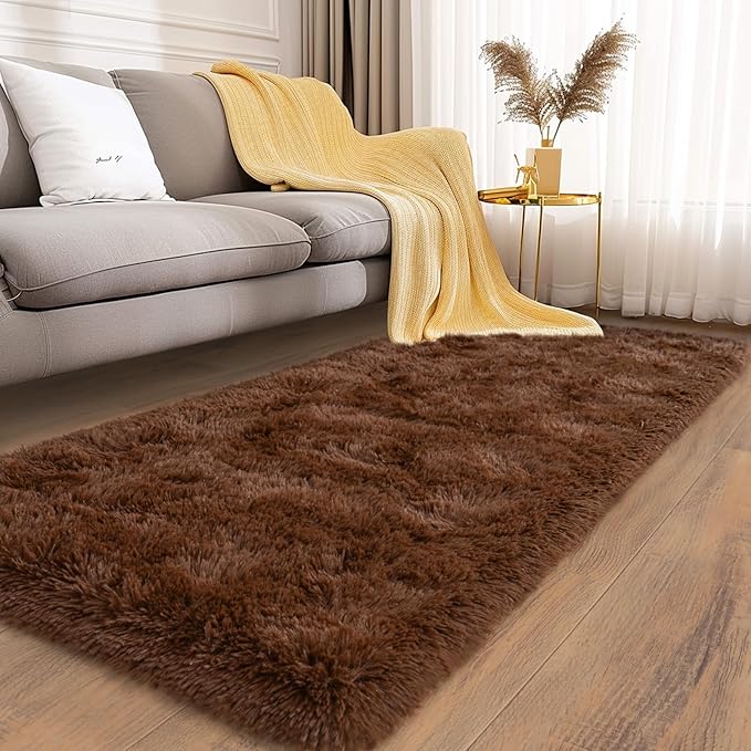 Soft Runner Rugs for Bedroom Hallways, 2x5 Brown Fluffy Shag Throw Area Rug Non Slip for Bedside Dorm, Long Shaggy Furry Carpet for Nursery Living Room