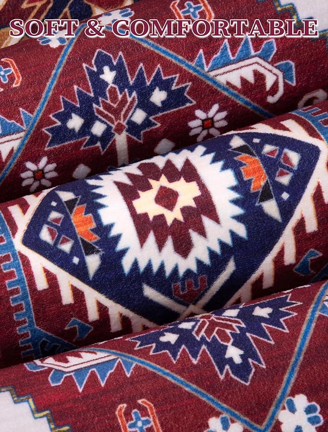 SERISSA Boho Washable Runner Rug, 2x5 Rug Runner Non-Slip Vintage Burgundy Navy Hallway Kitchen Runner Rug Ultra Soft Print Distressed Floor Carpet Runner for Bedroom Bathroom Laundry Living Room