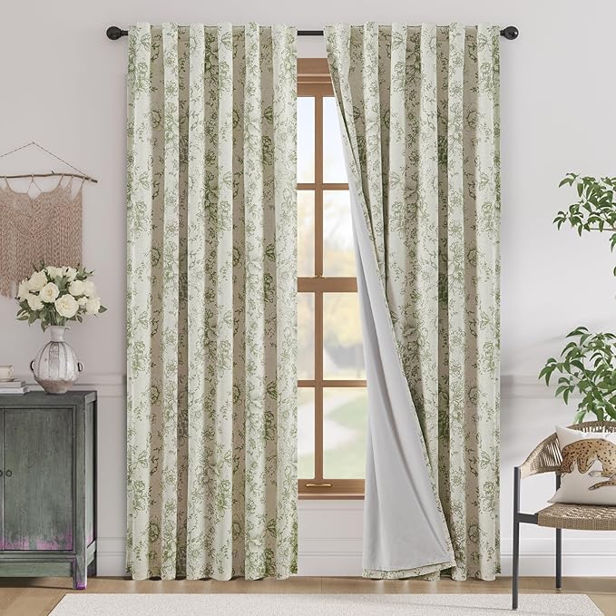 jinchan Blackout Floral Curtains for Living Room Bedroom Linen Blend Curtain Farmhouse Green Printed with Lined Back Tab Rod Pocket Drapes Window Treatments 2 Panels 90 Inch