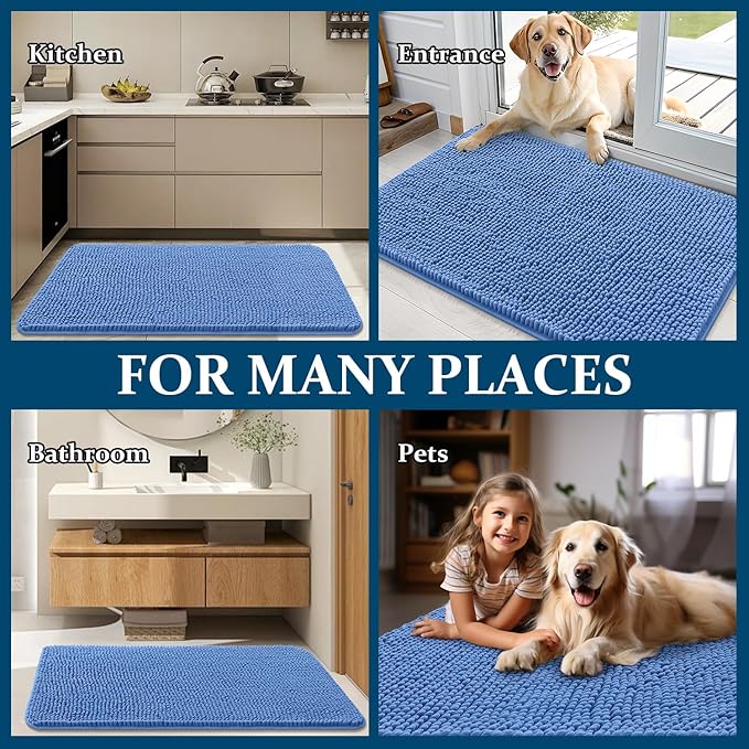 OLANLY Dog Door Mat for Muddy Paws 59x32, Absorbs Moisture and Dirt, Absorbent Non-Slip Washable Doormat, Quick Dry Chenille Mud Mat, Entry Indoor Entryway Carpet for Inside Floor, Cornflower Blue
