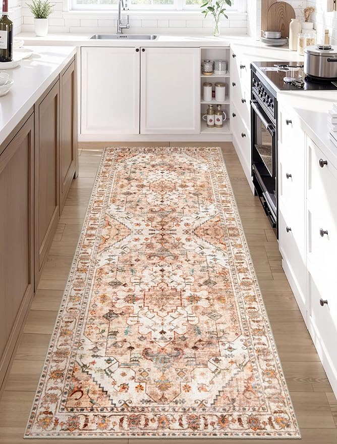 SERISSA Boho Washable Runner Rug, 2x6 Rug Non-Slip Vintage Peach Cream Hallway Kitchen Runner Rug Ultra Soft Print Distressed Floor Carpet for Bedroom Bathroom Laundry Living Room