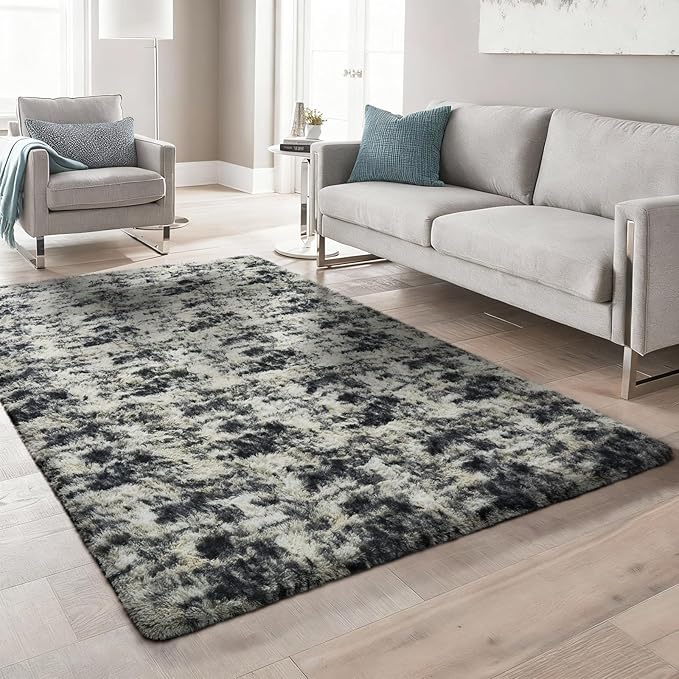Ophanie Black Gold and Grey Area Rugs for Living Room 5x7, Fluffy Shag Large Fuzzy Plush Soft Carpets, Floor Shaggy Rugs for Bedroom, Carpet for Kids Boys Girls Dorm Nursery Home Decor Aesthetic