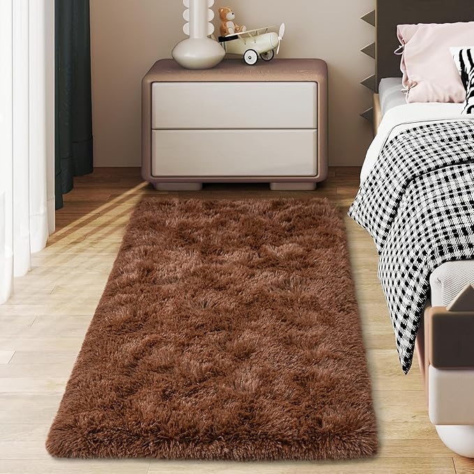 Soft Runner Rugs for Bedroom Hallways, 2x4 Brown Fluffy Shag Throw Area Rug Non Slip for Bedside Dorm, Long Shaggy Furry Carpet for Nursery Living Room