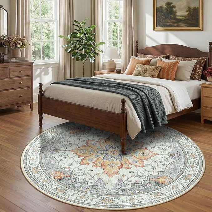 RELEANY Area Rugs 8ft Washable Non-Slip, Floral Vintage Distress Print Pattern Medallion Carpet for Living Room Bedroom Dining Room, Light Yellow Carbon Grey Orange