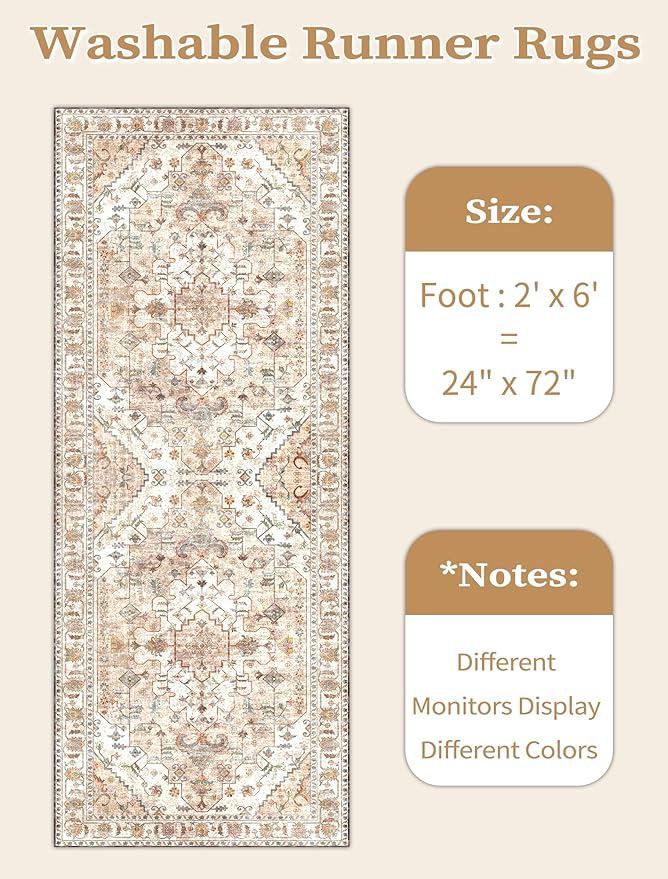 SERISSA Boho Washable Runner Rug, 2x6 Rug Non-Slip Vintage Peach Cream Hallway Kitchen Runner Rug Ultra Soft Print Distressed Floor Carpet for Bedroom Bathroom Laundry Living Room